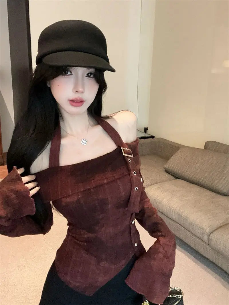 Bxoxo Hot Girl Hanging Neck Off Shoulder Long Sleeved T-shirt for Women New Niche Slim Fit and Slimming Short Top