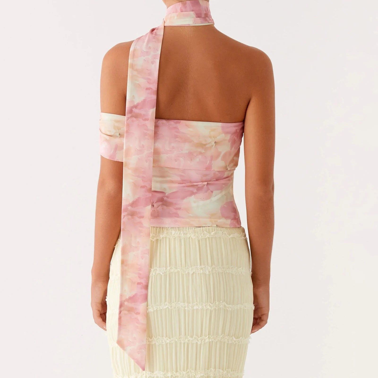 BXOXO Y2k Strapless Floral Tube Top with Neck Scarf Shirt One Shoulder Mesh Ruched Crop Tank Going Out Top for Women