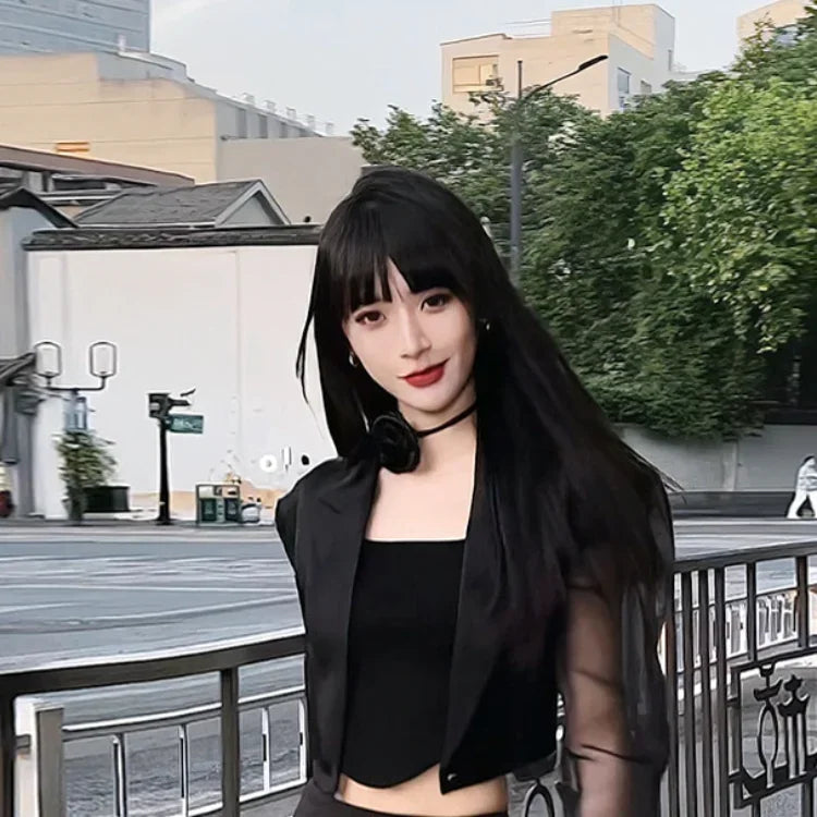 BXOXO Korean Simple High Waist Hollow Out Black Pants+ Y2k E-Girl Slim Fit Mesh Long Sleeve Tops Women Grunge Two Piece Sets
