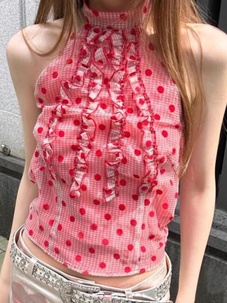 Bxoxo Sexy Cropped Slim Dot Tanks Women Vintage Sweet Halter Tanks Summer Streetwear Female Retro Sleeveless Korean Casual Tops