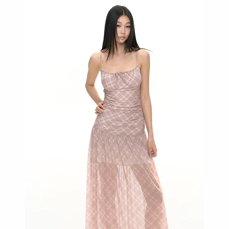 Bxoxo Retro Plaid Camis Midi Dress Women Summer Sexy Spaghetti Straps Backless Dress French Elegant Slim Party Night Vestidos Mujer