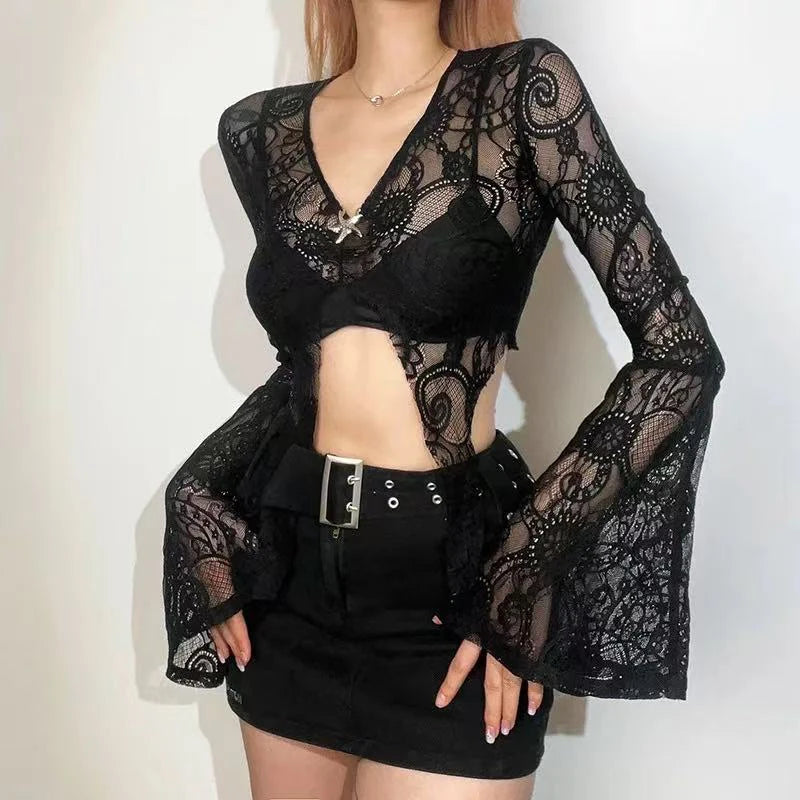 Bxoxo Sexy See Through Mesh Women Blouse Fashion Gothic V Neck Flare Sleeve Sunscreen Cardigan Y2K Summer Hot Girls Lace Crop Tops