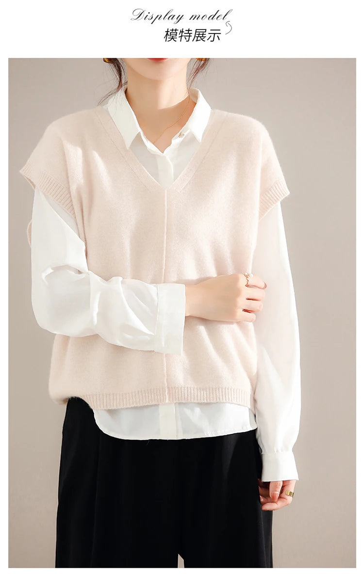Bxoxo Cashmere Vest Ladies New 100%Pure Wool Knit Waistcoat Spring V-Neck Large Size Sweater Wild Sleeveless Vest Solid Loose Top