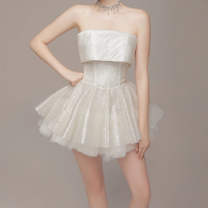 BXOXO Elegant Glitter Hight Waist Solid Party Dress Fashion Backless Slim Evening Dress Sexy Strapless Sleeveless Bodycon Mini Dresses