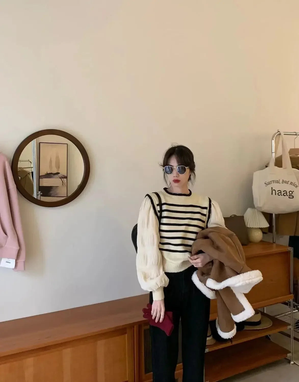 Bxoxo women Black and white striped fake two-piece knitted sweaters pring and autumn Korean soft glutinous pullover sweater female