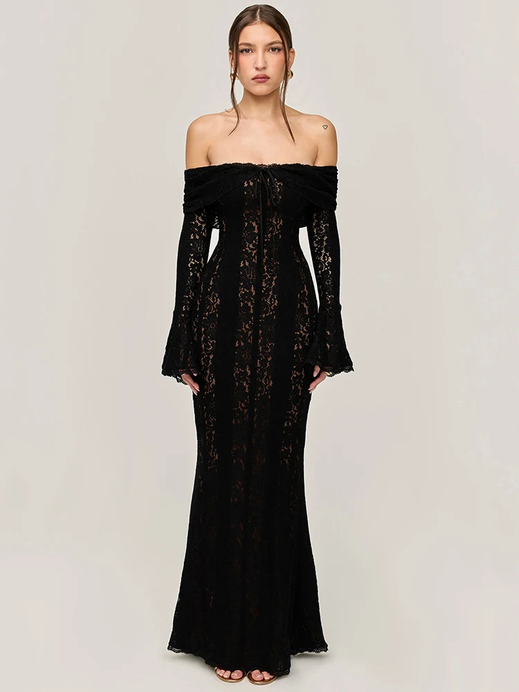BXOXO  Lace Off-shoulder Sexy Maxi Dress Women Strapless Backless Long Sleeve Bodycon Evening Club Party Long Dress Elegant