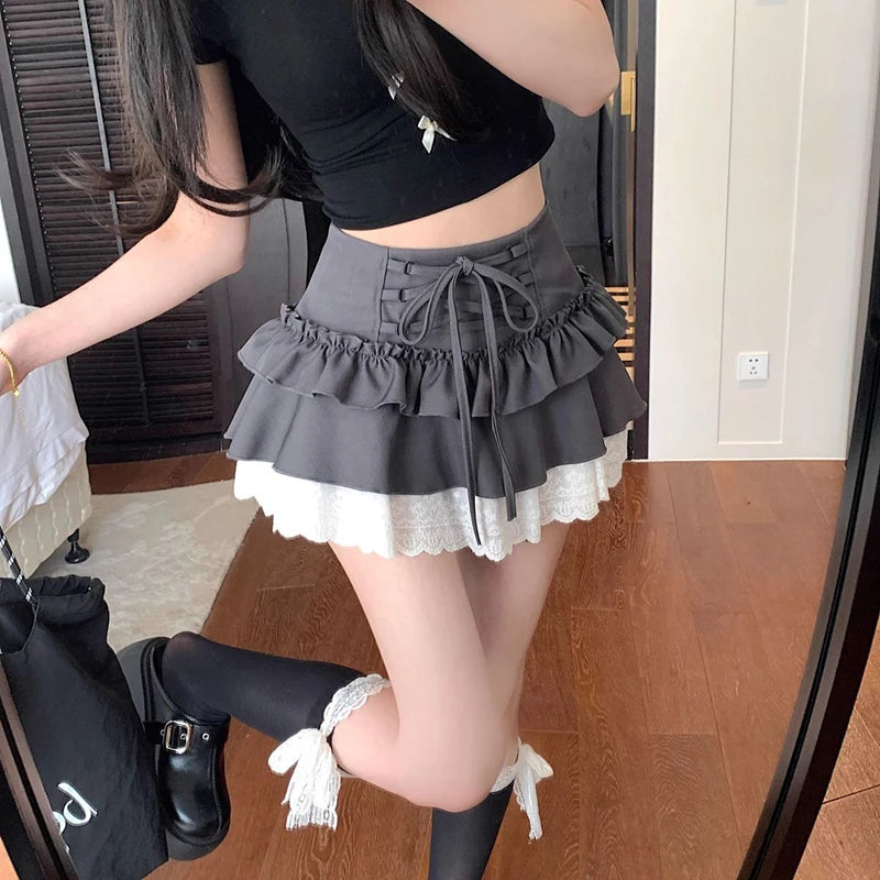 Bxoxo Sweet Lace Up Mini Skirt Women Y2K Summer Lace Patchwork A-Line Skirts High Waist Kawaii Lolita Preppy All Match Tutu Skirts