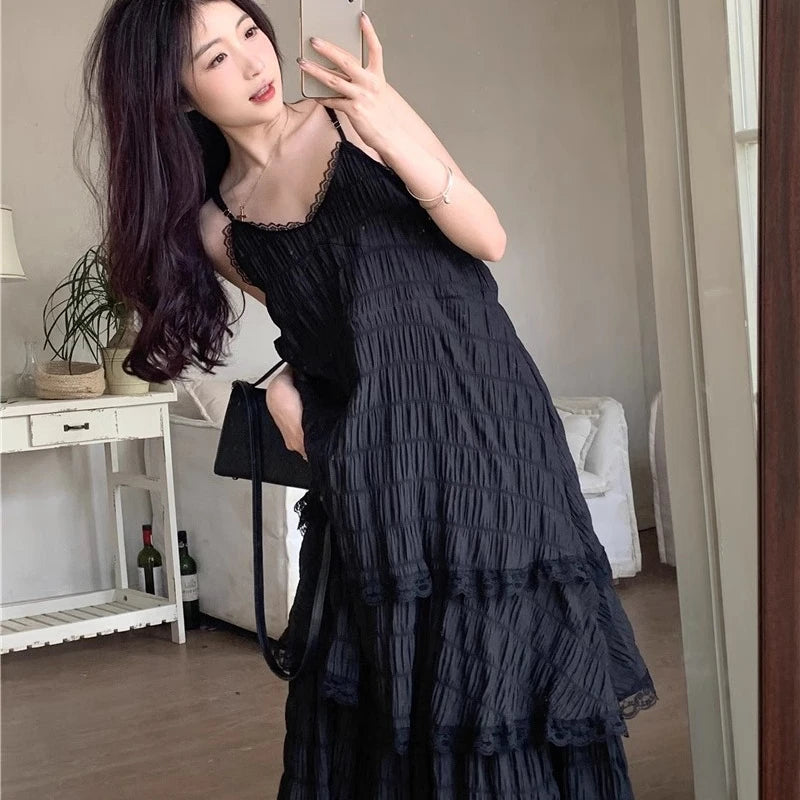 Bxoxo Lace Patchwork Camis Dress Women French Elegant Spaghetti Straps White Dress Y2K Summer Sweet Bohemia Femme A-Line Vestidos
