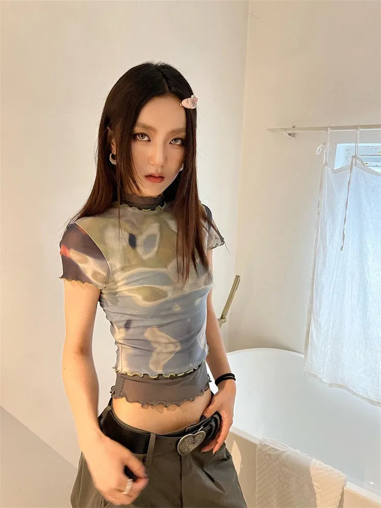 BXOXO Kawaii T Shirt Women Patchwork Mesh Tops Y2k Crop Tops Streetwear Retro Tee Tops Tie Dye Tshirts Japanese Grunge Tops