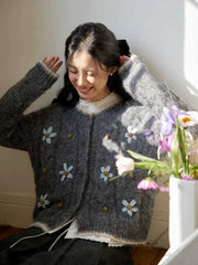 Bxoxo Elegant Floral Gray Cardigan Women Lazy Wind Long Sleeve Sweet Knitted Sweaters Vintage Japan Casual O Neck Female Retro Tops