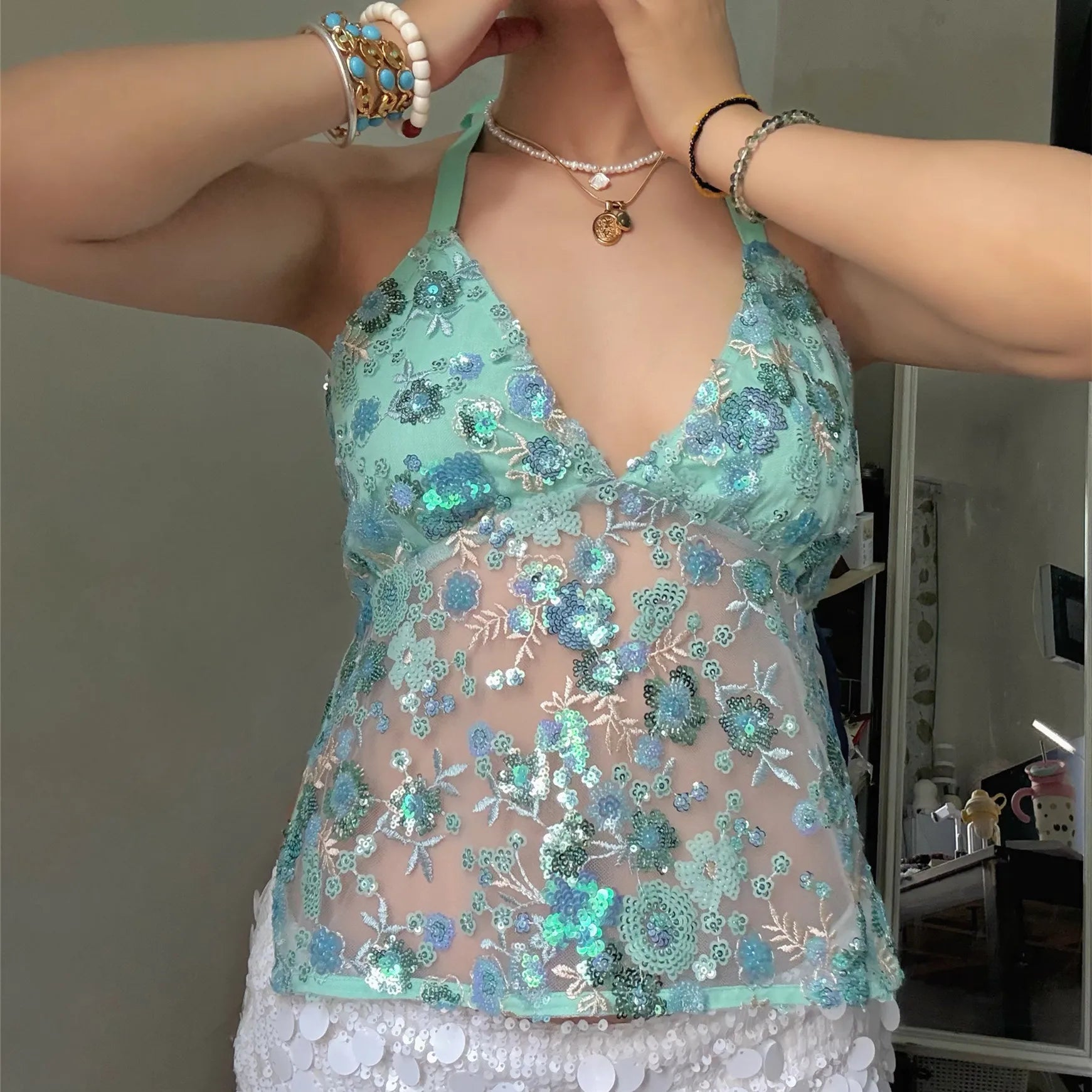 BXOXO Sequin Halter Top for Women Sexy Deep V Neck Beaded Tops Sparkly Glitter Tank Top Going Out Rave Outfits Party Clubwear