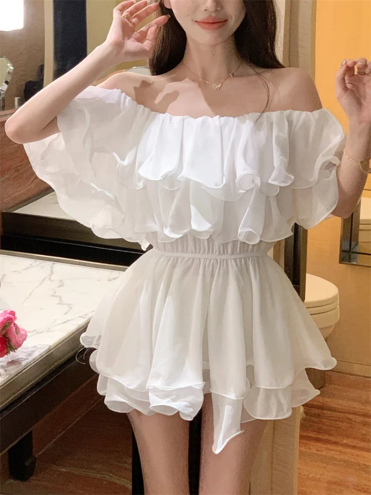 BXOXO Dresses Women Off Shoulder Slash Neck Ruffles Sexy Spring Summer Patchwork Solid Loose Elegant Mini Dress Ladies Fashion
