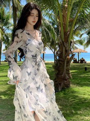 BXOXO Spring Autumn Vintage Gray Long Sleeve Butterfly Bandage Dress For Women French Bohemian Elegant V Neck Backless Dress Robe