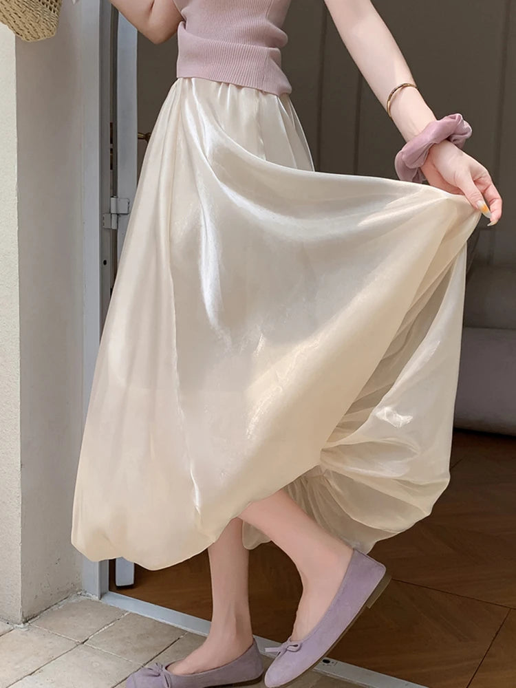 Bxoxo Elegant Stain White Long Skirt Women High Waist Fashion Korean Sweet Skirts Casual Design Summer Gown Ball Long Skirts New