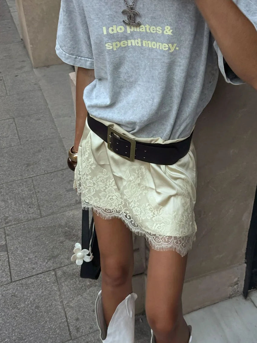 Bxoxo Lace Splice Satin Mini Skirt For Women 2025 New Fashion High Waist Casual Skirts Loose Elegant Commuting Female Skirt