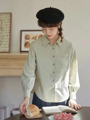 Bxoxo Preppy Style Retro Striped Shirt Women Long Sleeve Elegant Sweet Blouse Japan Casual Pocket Fall Female Simple Vintage Tops New