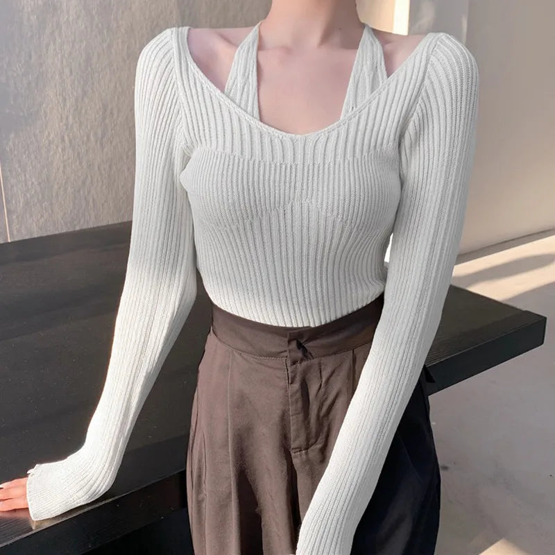 BXOXO Womens Korean version Long Sleeve Sweater Off Shoulder Sexy Knitted Pullover Jumper Sweaters Knit Sweater Casual Loose Blouse