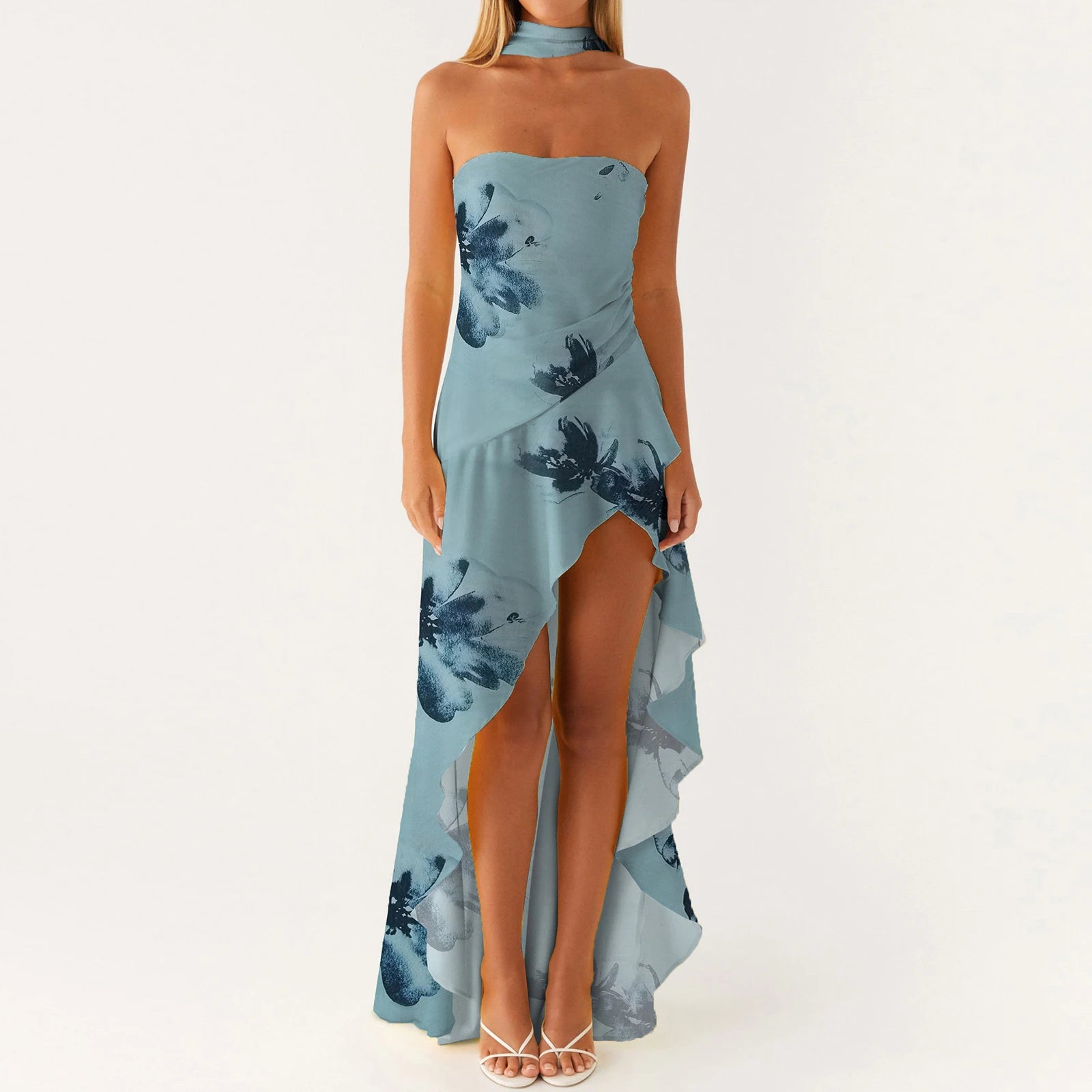 BXOXO Women Casual Tube Dress Summer Solid Color/Floral Print High Low Ruffles Dress with Scarf for Cocktail Streetwear