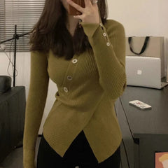 BXOXO Women Autumn Winter New Irregular V-neck Sweater Trendy Sweet Waist Slim Fit Pullover Knit Shirt Solid Button Long Sleeved Tops