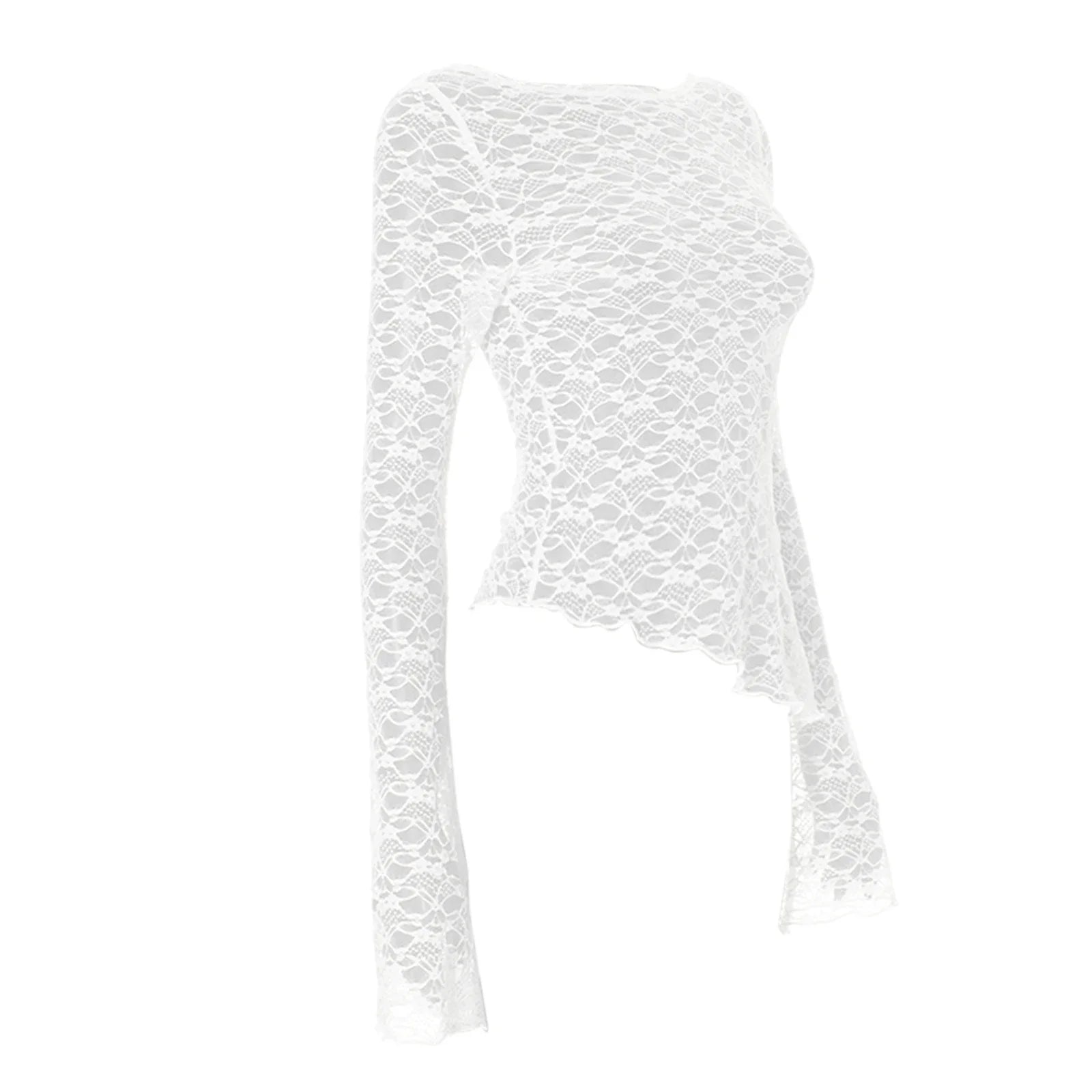 BXOXO Sexy Lace Long Sleeve T Shirts Fashion Women Knitted Perspective Autumn Tees Tops Clothes Streetwear Y2K Slim T-Shirt