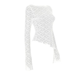 BXOXO Sexy Lace Long Sleeve T Shirts Fashion Women Knitted Perspective Autumn Tees Tops Clothes Streetwear Y2K Slim T-Shirt
