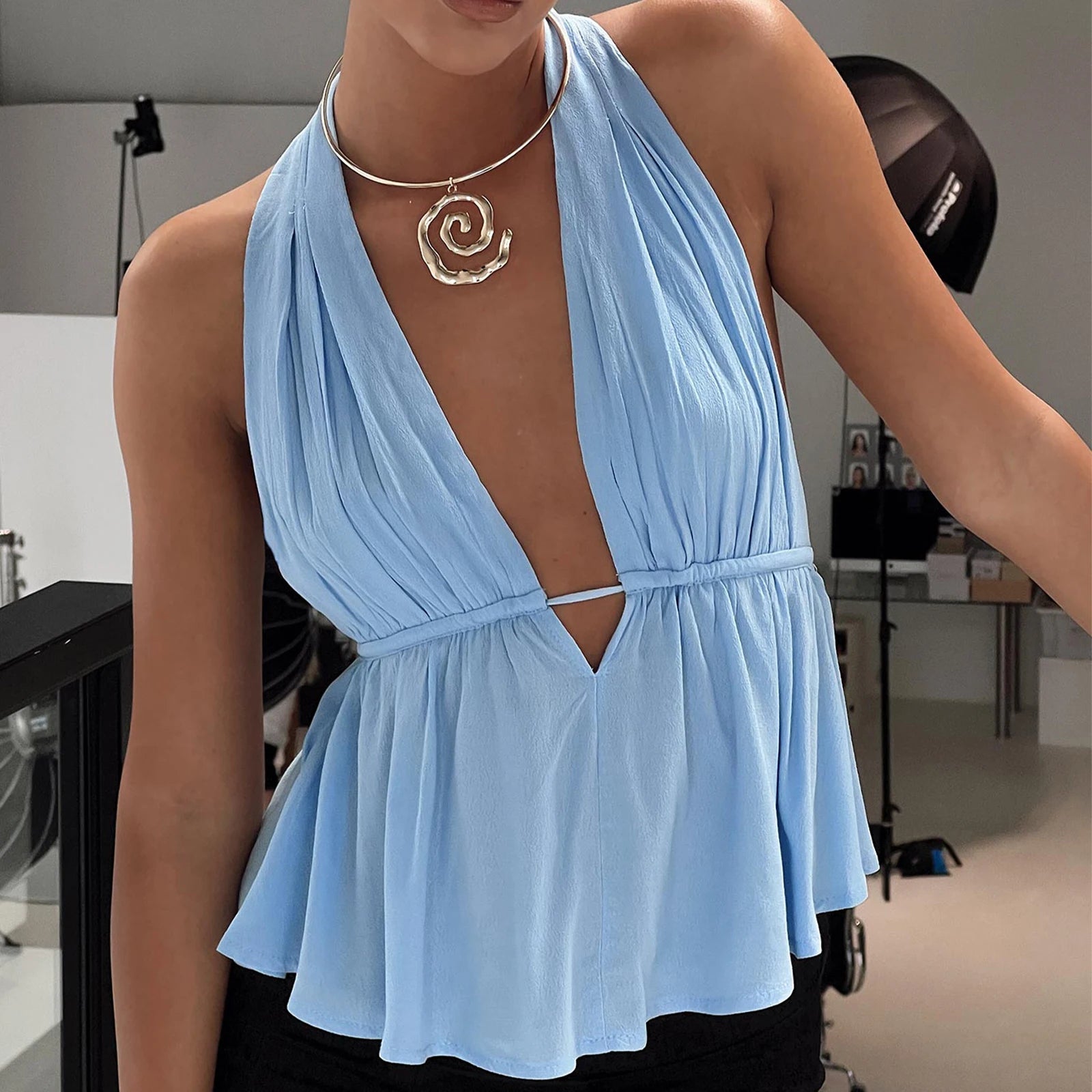 BXOXO Women Crop Halter Cami Top Y2k Sleeveless Bow Tie Solid Color Cami Sexy Deep V Neck Backless Halter Tank Outwear