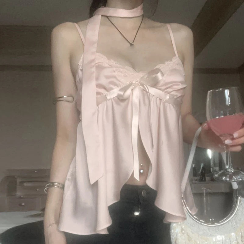 BXOXO Kawaii Bandage Lace Pink Camisole Women Sexy Sweet Patchwork Satin Crop Tops with Slit Summer y2k Vintage Tank Tops Cute