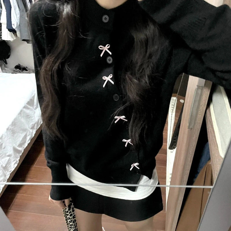 BXOXO Korean Style Sweet Bow Knitted Cardigan Women Elegant Black Sweaters Kawaii Irregular Long Sleeve Cardigan Aesthetics