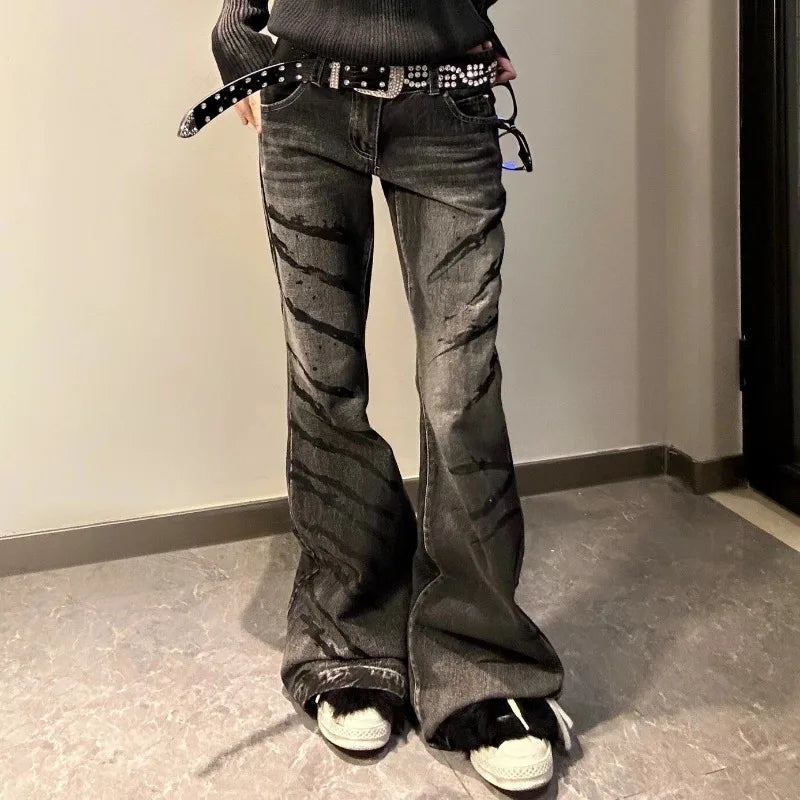 Bxoxo Y2k Washed Stripes Flared Jeans Women Harajuku Low Waist  American Vintage Denim Pants Slim Gyaru Streetwear Trousers