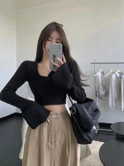 Bxoxo Y2K Women Knitted Pullovers Autumn Sexy Slim Lace-Up Crop Sweater Lady Korean Fashion Streetwear All-Match Flare Sleeve Knitwear