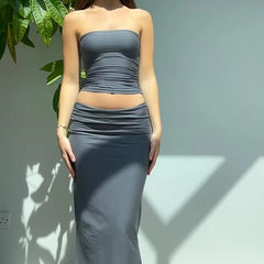 BXOXO 2 Piece Set Outfits Chest Wrap Strapless Camis Tube Top + Wrap Bodycon Long Skirt 90s Vintage Y2K Off Shoulder Backless Crop Top