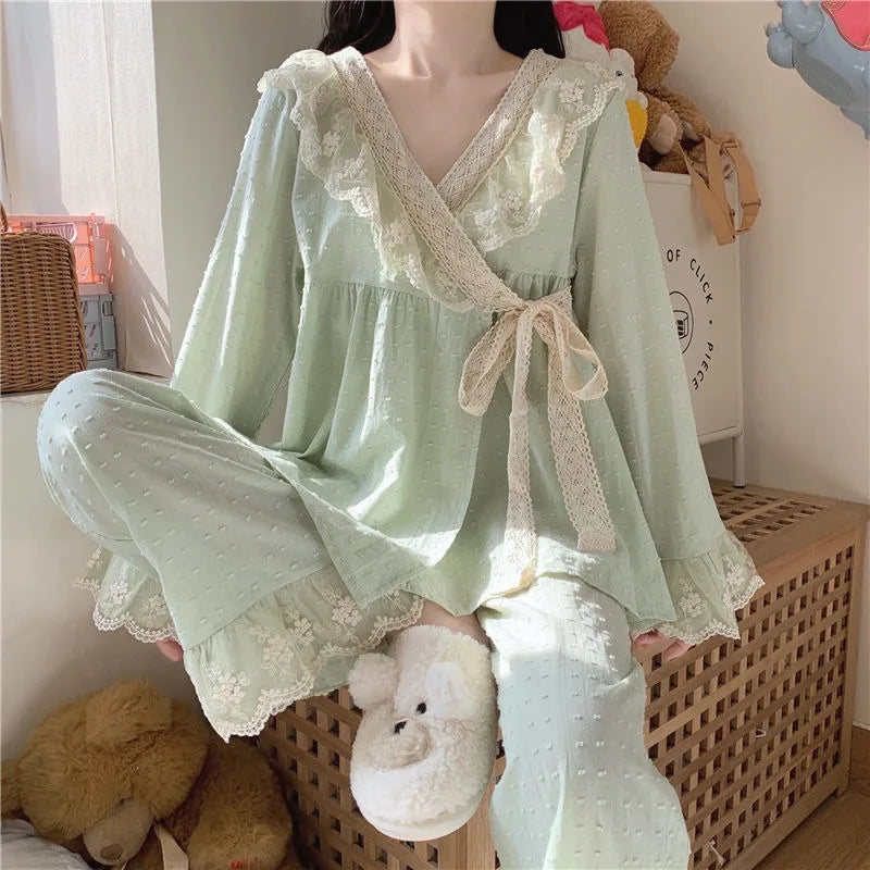 BXOXO New V-neck Tied Pajama Set for Women Spring Autumn Tops Long Sleeved Pants Lace Lace Pajamas