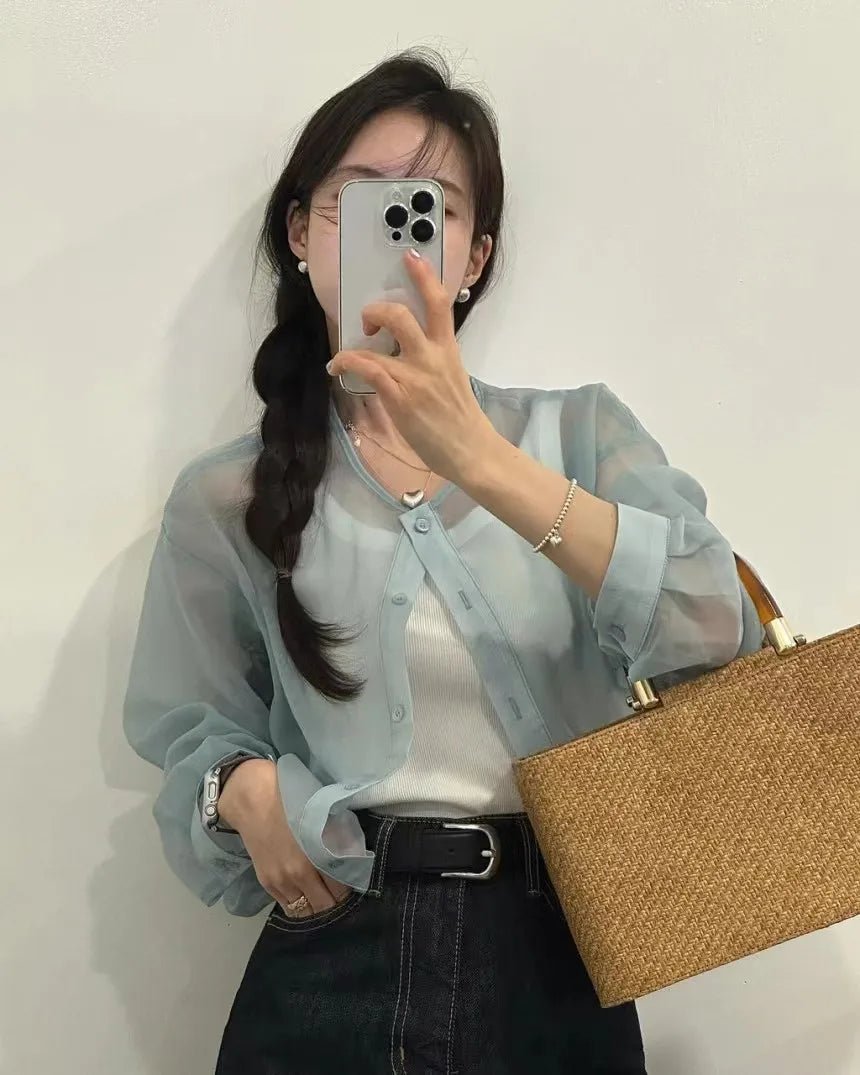 Bxoxo Blue Lightweight Long Sve irt Jaet Women's Ultra-Thin Summer Outerwear Single Button Design Waist-Cinching Sun Protect...