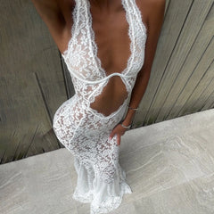 BXOXO Sexy Women's Lace Halter Dress Stylish Solid Mesh Lace Floral See Through Slim Fit Long Bodycon Fishtail Wedding Dress