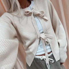 BXOXO Autumn Winter Knit Cardigan Y2K Kawaii Tie Front Long Sleeve Sweater Coat Women Fashion Loose Fit Knitwear Jackets Streetwear