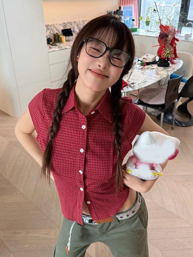 Bxoxo Pure Cotton Red Plaid Shirt Women Slim Sexy Cropped Short Sleeve Y2K Blouse Vintage American Streetwear Female Summer Tops