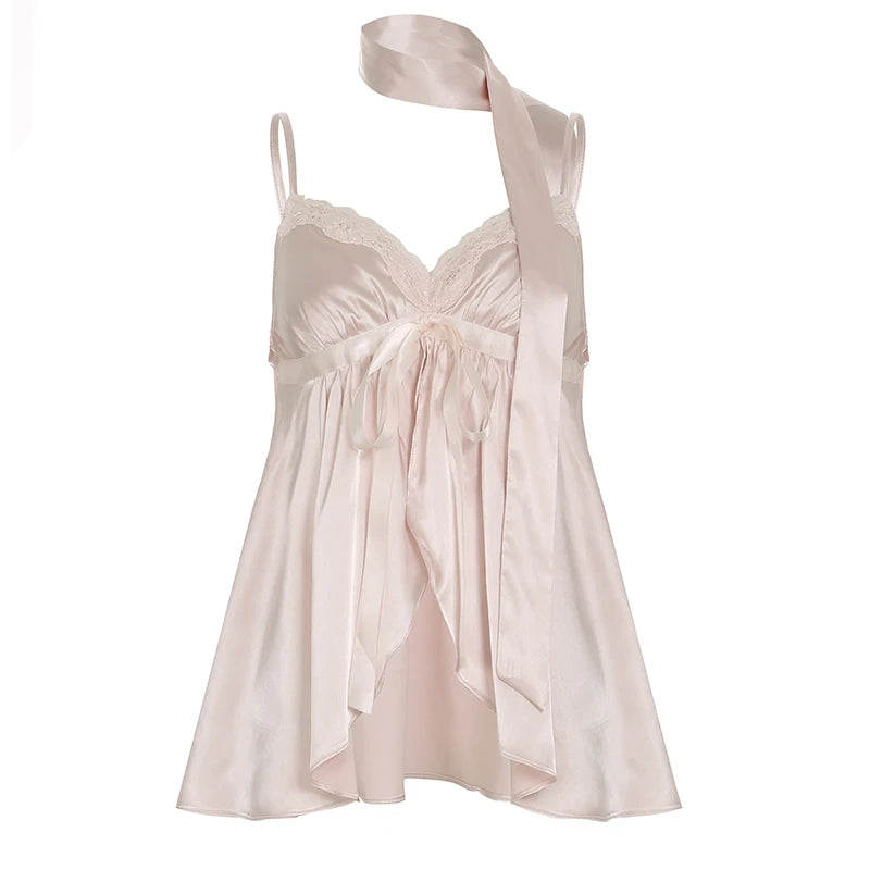 BXOXO Kawaii Bandage Lace Pink Camisole Women Sexy Sweet Patchwork Satin Crop Tops with Slit Summer y2k Vintage Tank Tops Cute