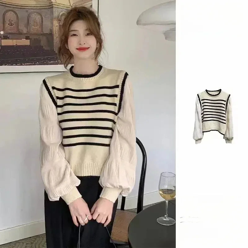Bxoxo women Black and white striped fake two-piece knitted sweaters pring and autumn Korean soft glutinous pullover sweater female