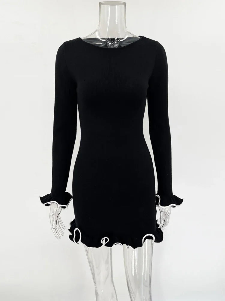 Bxoxo Fashion Women's Knit Mini Dress Ruffled Autumn High Waist Elegant Slim Party Dress Patchwork Knitwear Sweater Female Dress
