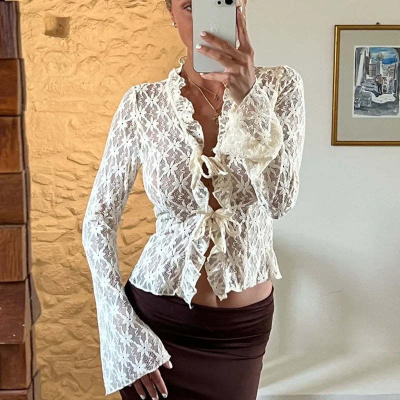 BXOXO Women's Summer Lace Floral Tops Sexy Y2k See Through Flare Long Sleeve Tie Front Sheer Slim Crop Cardigan Clubwear