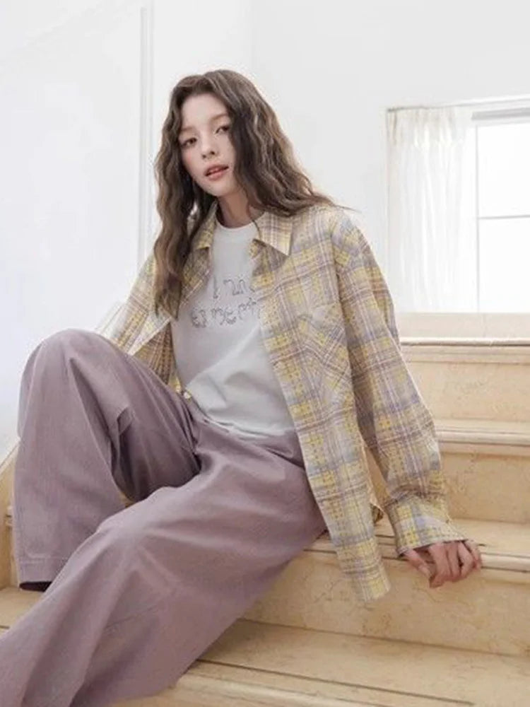 Bxoxo Sweet Yellow Plaid Shirt Women Casual Vintage Long Sleeve Pocket Blouse American Fall Preppy Style Female Retro Loose Tops New