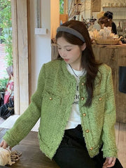 Bxoxo Sweet Green Tweed Jackets Women Vintage Long Sleeve Casual Coat Korean O Neck Fall Winter Retro All Match Elegant Outwear Tops