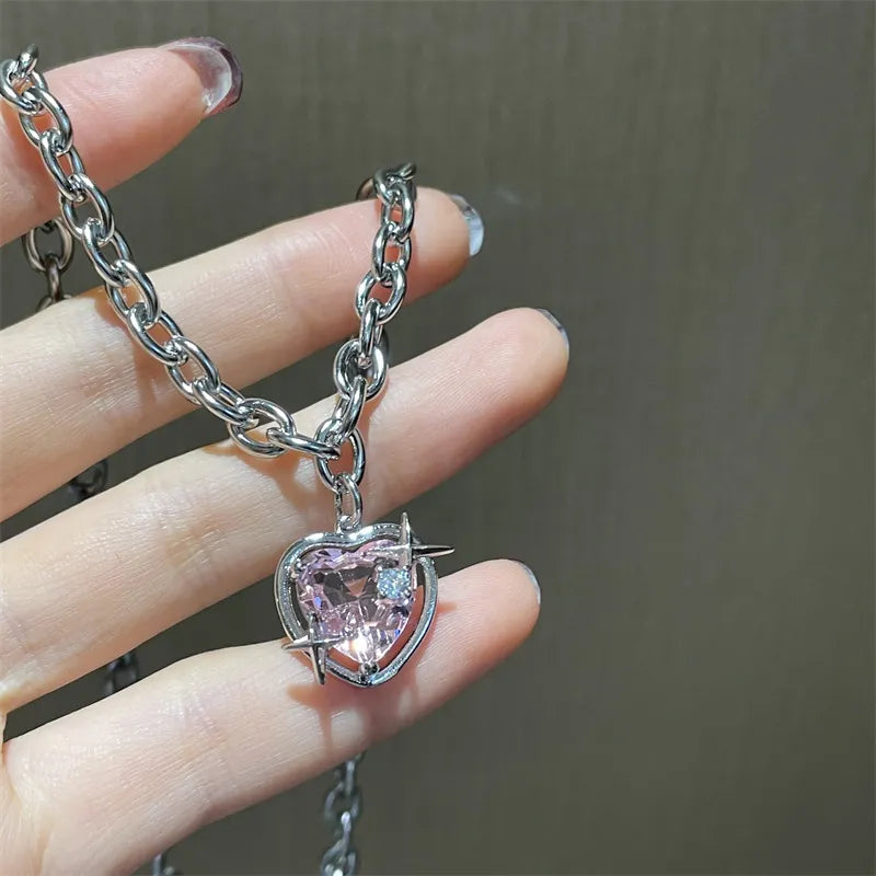 BXOXO Y2K Accessories Fashion Peach Heart Water Drop Pendant Necklace Pink Crystal Egirl Sweet Cool Clavicle Chain Aesthetic Jewelry