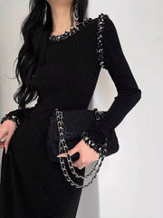 Bxoxo Elegant Hepburn Style Black Dress Women Fashion Sequin Patchwork Luxurious Midi Dress Y2K Korean Office Lady All Match Vestidos