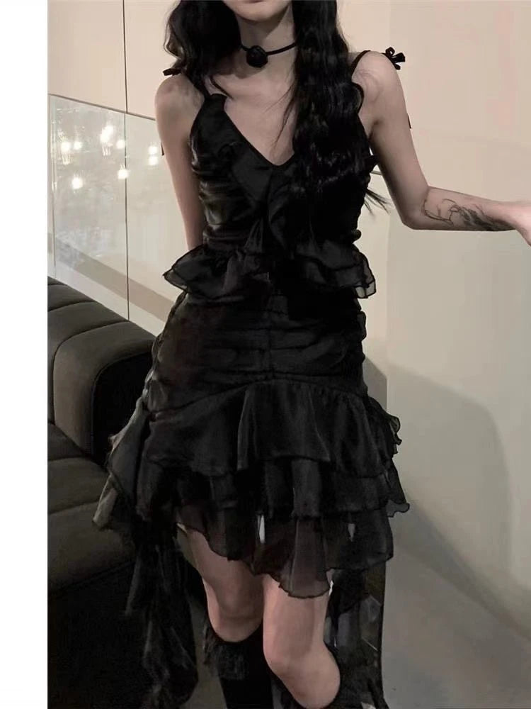 BXOXO  Japanese Sexy Dark Sleeveless V-neck Women Dresses Cascading Ruffles Asymmetrical Femme Robe Harajuku 2025 Summer Camisole Dress