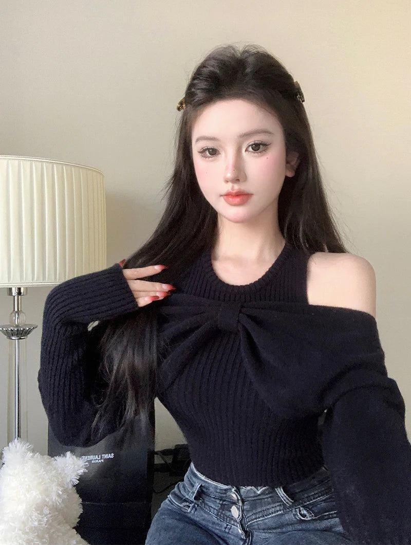 Bxoxo New Spring Fashion Off Shoulder Sweater Bottoming Top Women Big Bow Red Black Beige Knit Slim Pullover Long Sleeve Knitwear
