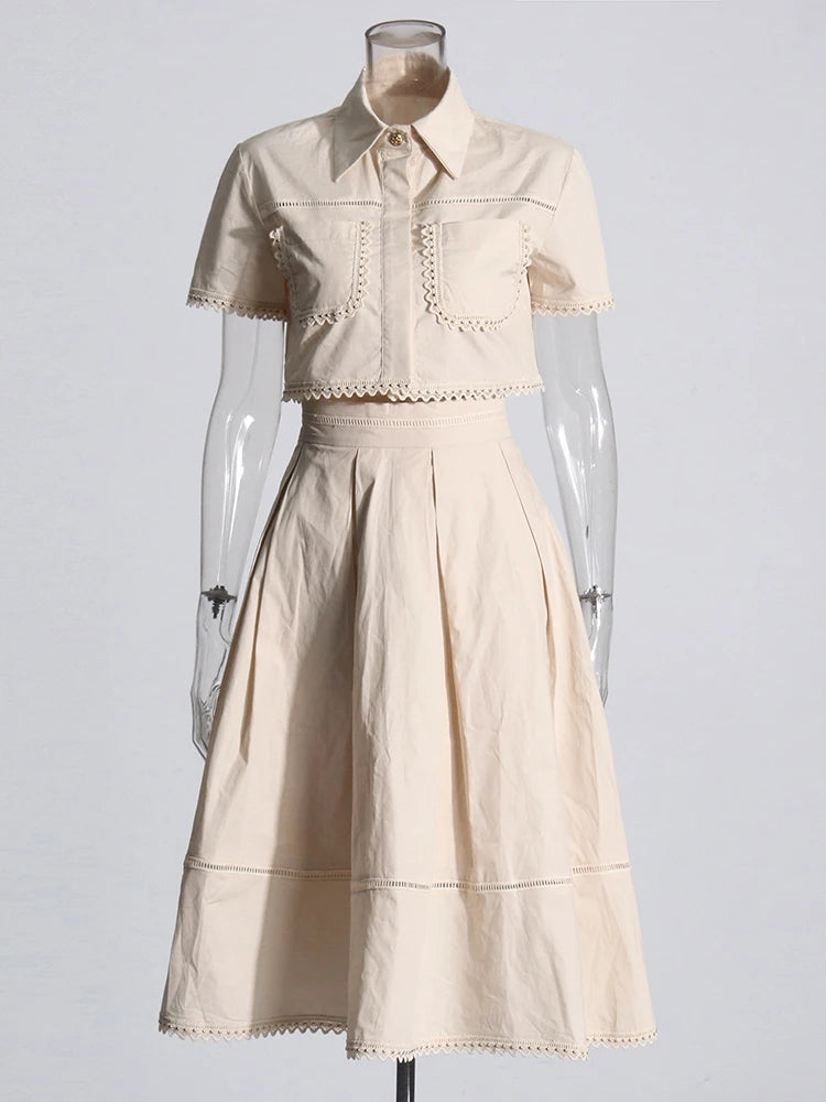 Bxoxo Elegant Two Piece Sets For Women Lapel Short Sleeve Tops High Waist A Line Pleated Skirts Solid Set Female Summer 2023