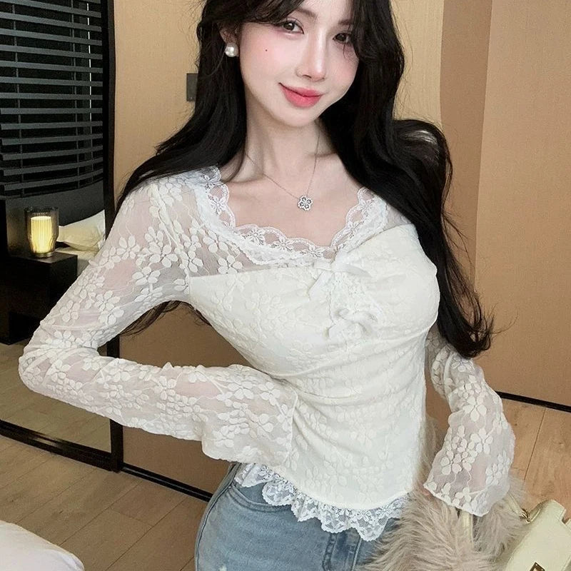 Bxoxo Sexy Lace Patchwork Women T Shirt Women Korean Chic V Neck Slim Cropped Tops Y2K Female Solid Sweet Bow Bottoming Tees