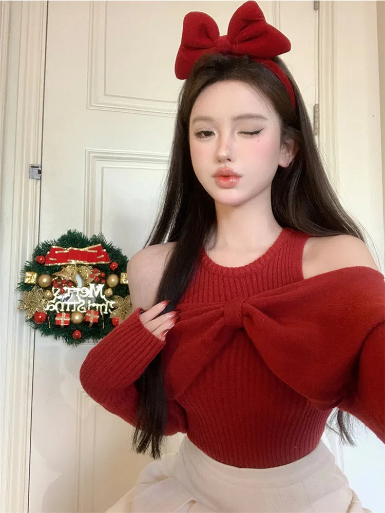 Bxoxo New Spring Fashion Off Shoulder Sweater Bottoming Top Women Big Bow Red Black Beige Knit Slim Pullover Long Sleeve Knitwear