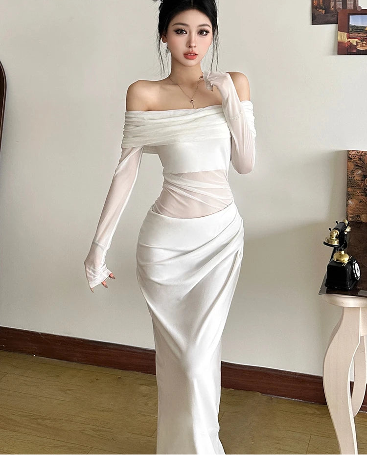 BXOXO  Mesh Ruched Women Maxi Dress Sexy See Through Off Shoulder Long Sleeve Sheath Vestidos Female Midnight Party Solid Robe